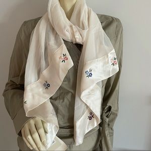 Echo white silk scarf / wrap with embroidered flowers